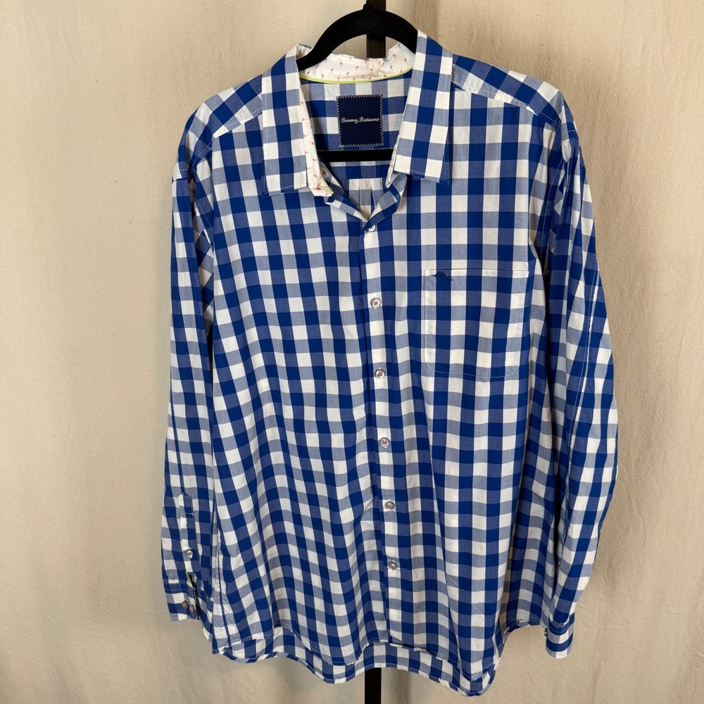 Tommy Bahama Mens XL Blue White Gingham Pima Cotton Flamingo Trim Shirt